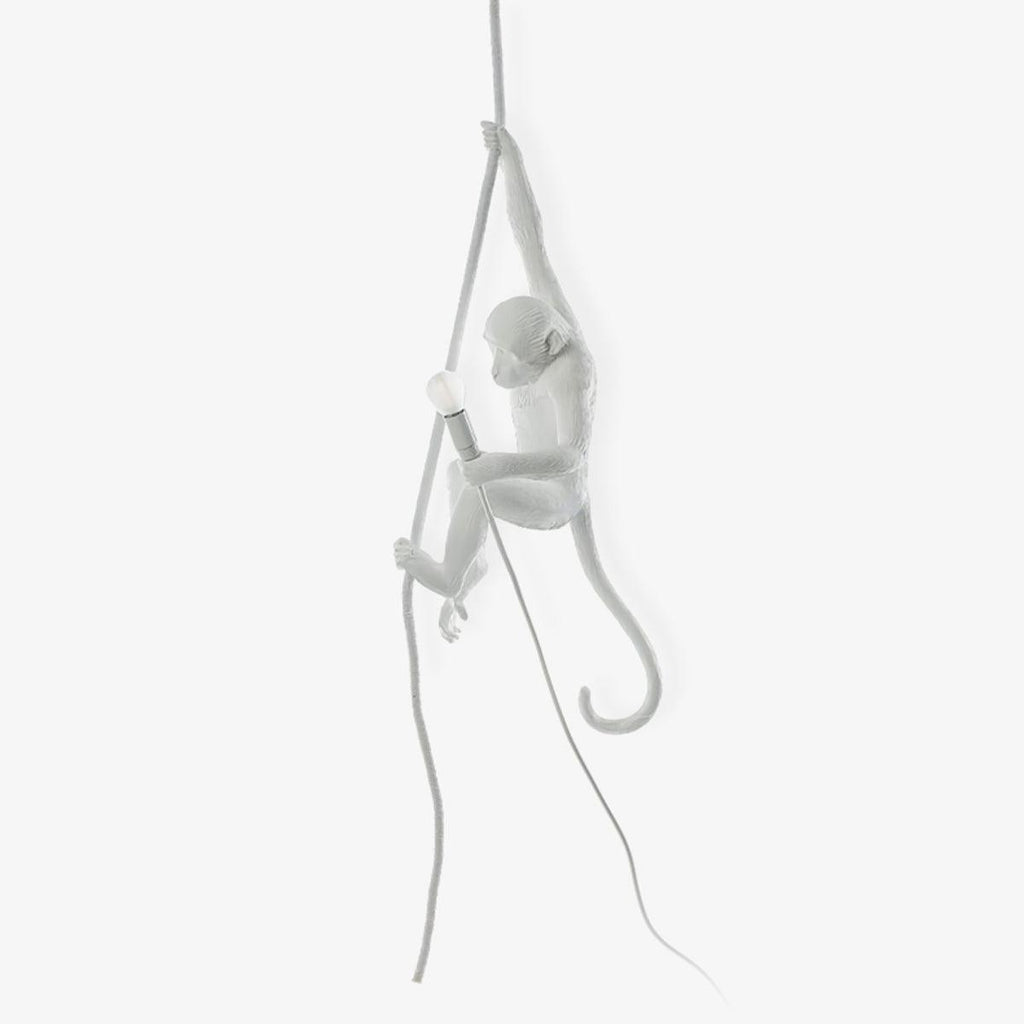 Faint white monkey on a rope with its curled tail, almost blending into a bright white background; a studio view of this Clérachic pendant.