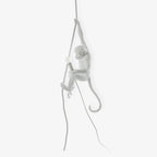 Faint white monkey on a rope with its curled tail, almost blending into a bright white background; a studio view of this Clérachic pendant.