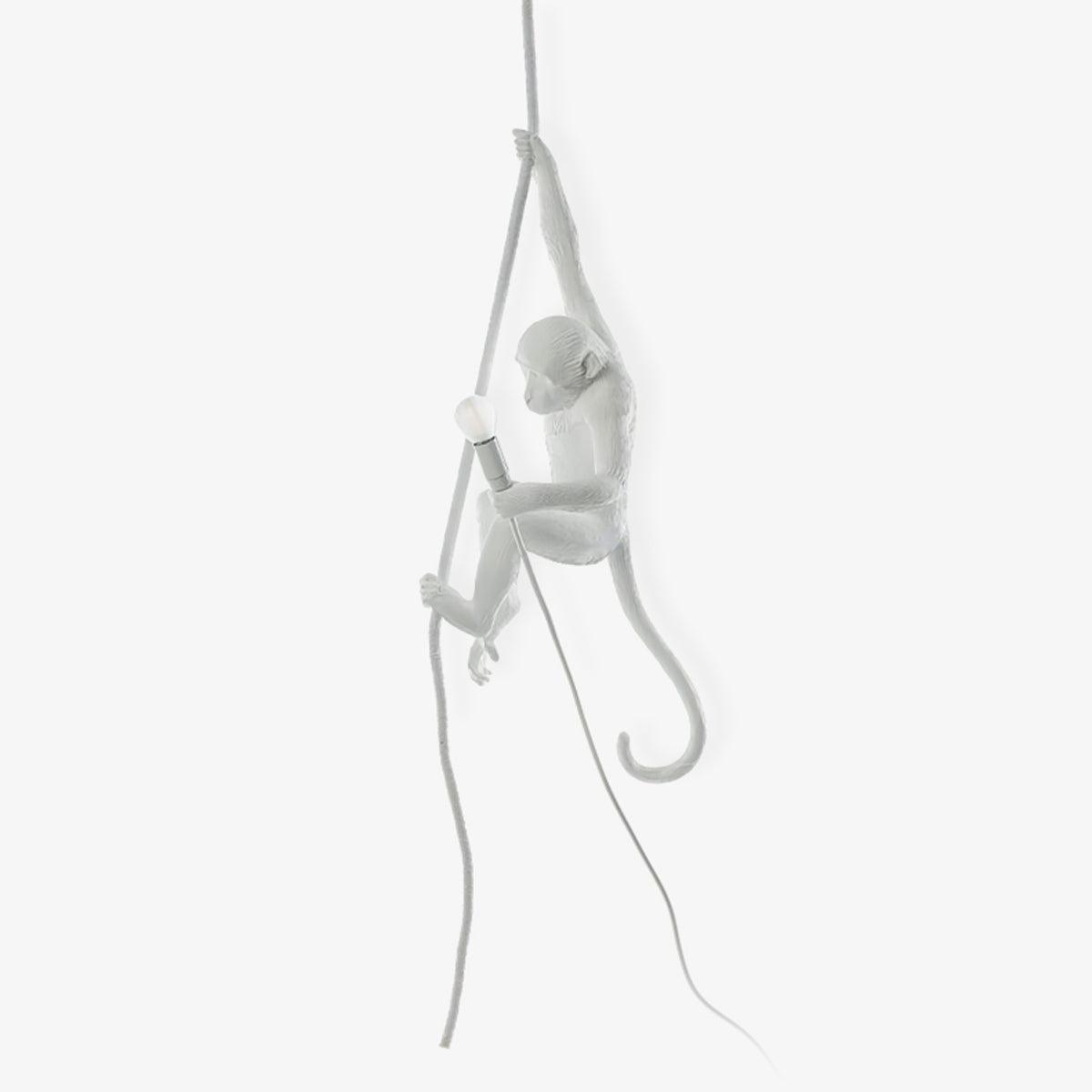 Faint white monkey on a rope with its curled tail, almost blending into a bright white background; a studio view of this Clérachic pendant.