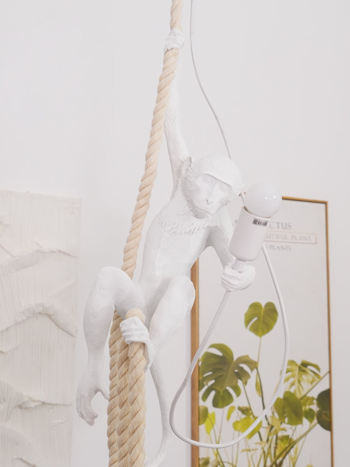 White monkey clutching a thick rope with a bulb in one hand, in front of a leafy framed print and a plaster panel; from Clérachic.