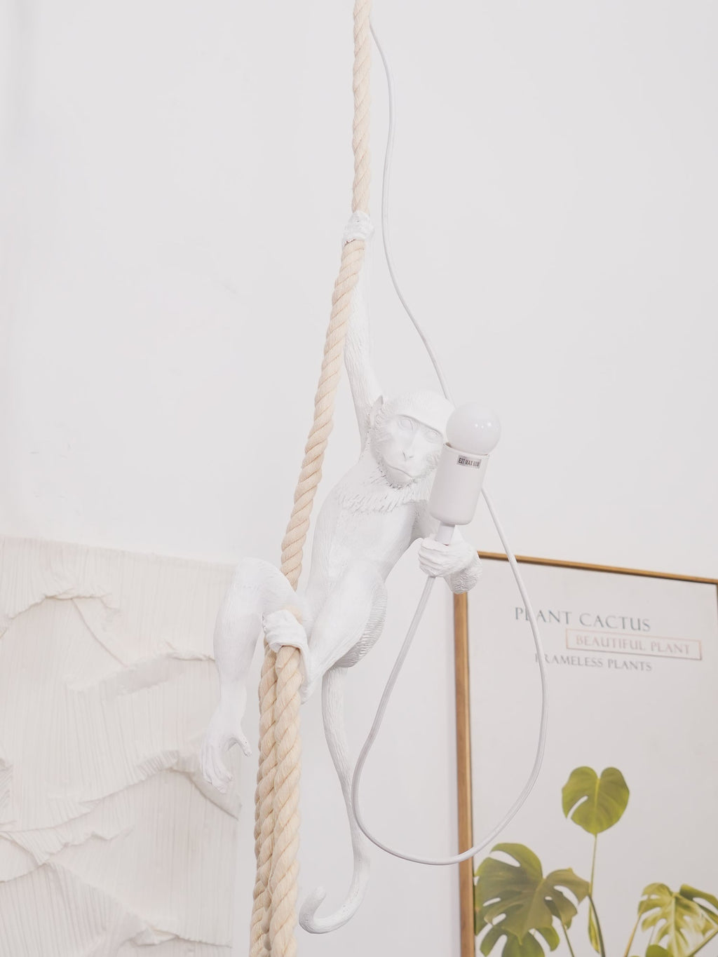 Distant view of a white monkey pendant on its rope against a pale wall, with a textured panel and a leafy framed print either side; Clérachic.