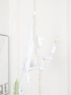 White monkey leaning from a slim rope holding a filament bulb, its cord looped to one side, in a bright room; from Clérachic.