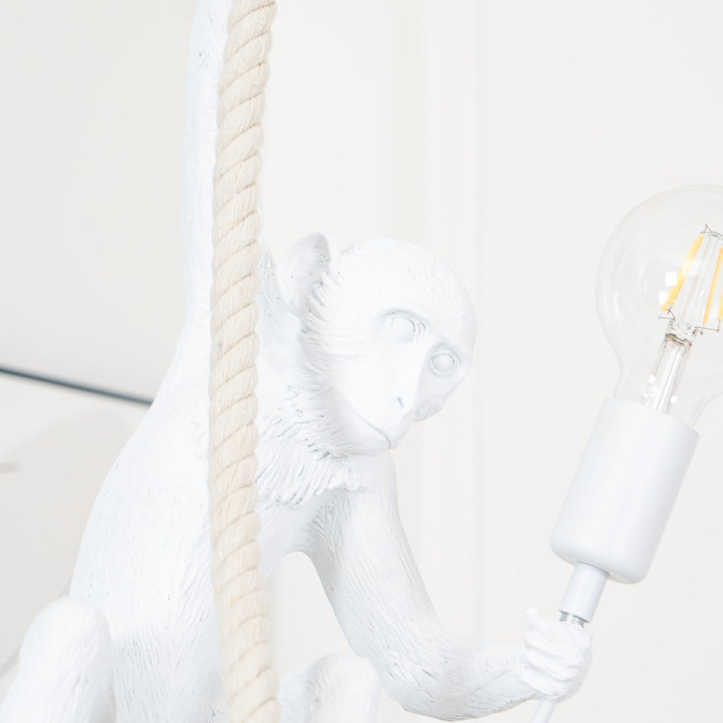 Close view of the monkey's face and the large clear filament bulb in its hand, with the rope at left; this Clérachic pendant.
