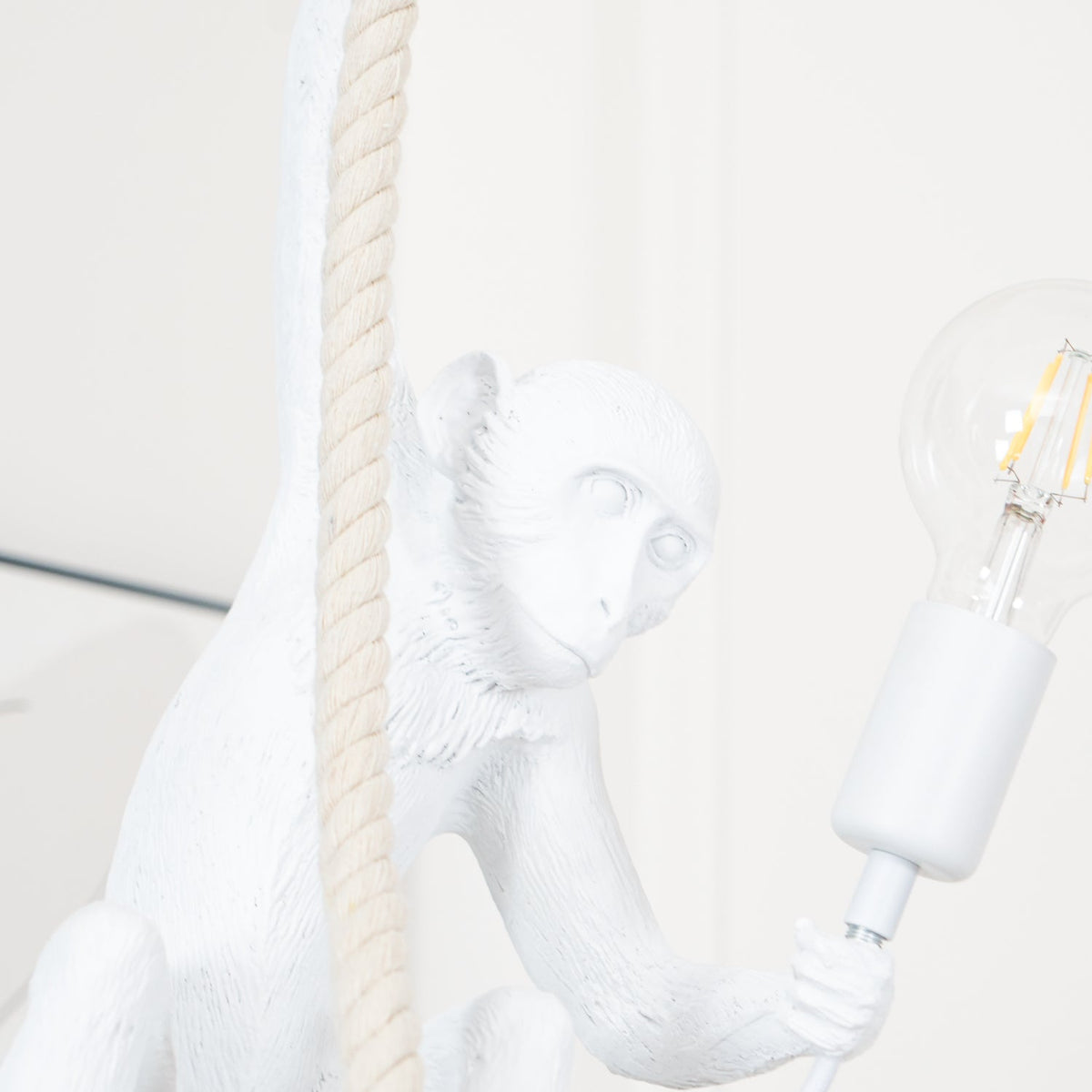 Close view of the monkey's face and the large clear filament bulb in its hand, with the rope at left; this Clérachic pendant.