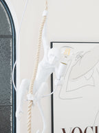 Tall view of the white monkey on a thick rope with its arm up and a bulb glowing, beside an arched window and a line-drawing print; Clérachic.