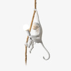 White monkey on a natural rope, one arm up and a round bulb in the other hand, on a plain white studio backdrop; a Clérachic pendant.