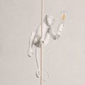 White monkey wrapped around a thick rope on a soft beige wall, holding a clear filament bulb, its cord coiled below; a Clérachic pendant.
