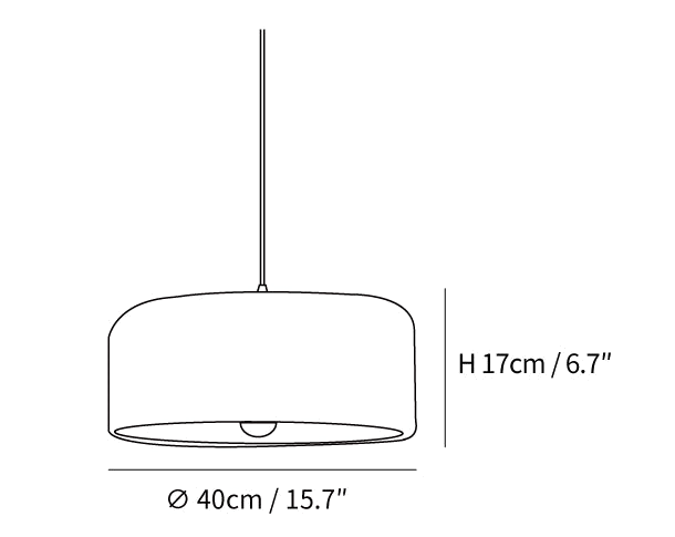 Clérachic pendant light dimension drawing, every measurement marked in centimetres and inches.