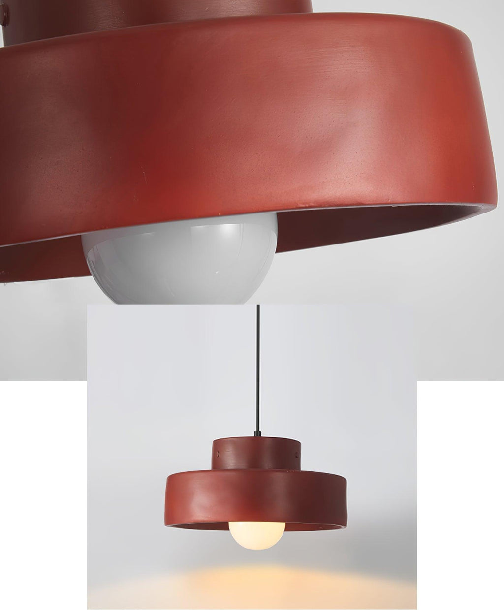 Two views in one frame: a close crop of the red resin shade and bulb, and a small full view of this Clérachic pendant.