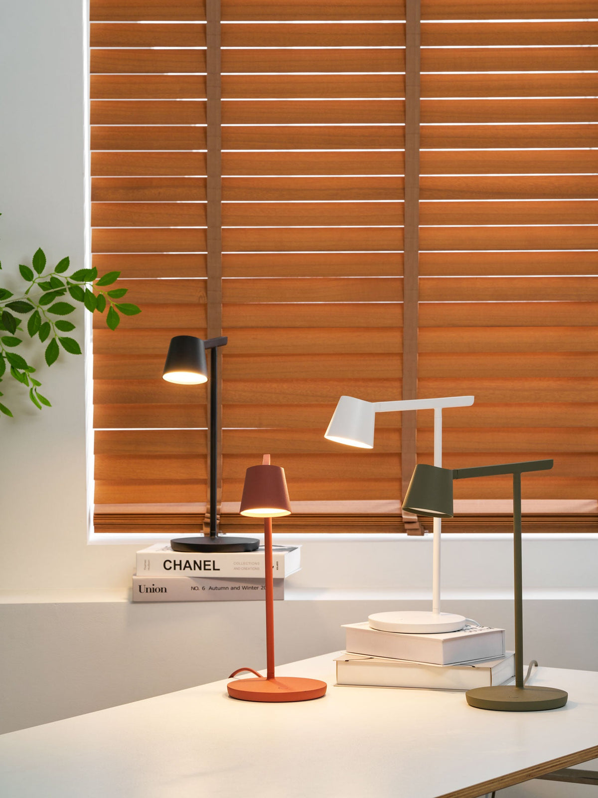 Four Clérachic table lamps with the red, black and olive heads lit, in front of orange blinds and a green plant.