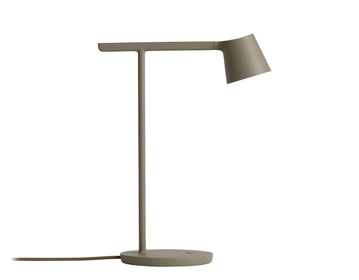 An olive Clérachic table lamp on a white backdrop, shown small with a long cord curving across the surface.