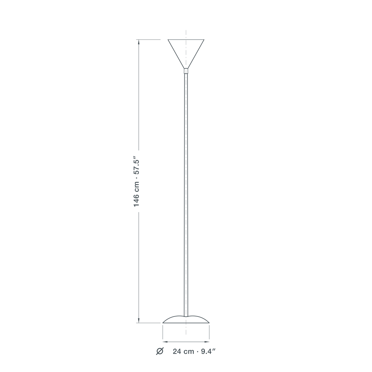 Technical dimension drawing of the torchiere floor lamp with upward shade, 146 cm tall on a 24 cm diameter base