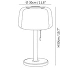 Dimension drawing of the mona glass table lamp, in outline against white.