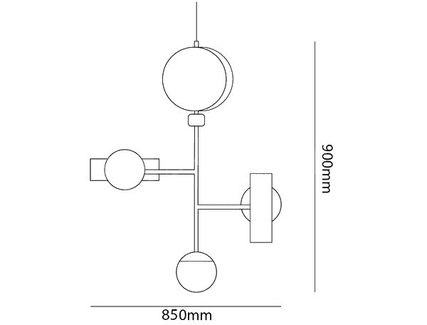 Dimension drawing of the monaco suspension light, in outline against white.