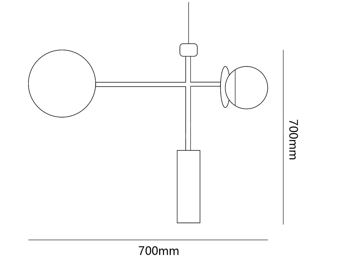 Dimension drawing of the monaco suspension light, in outline against white.