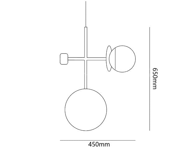 Dimension drawing of the monaco suspension light, in outline against white.