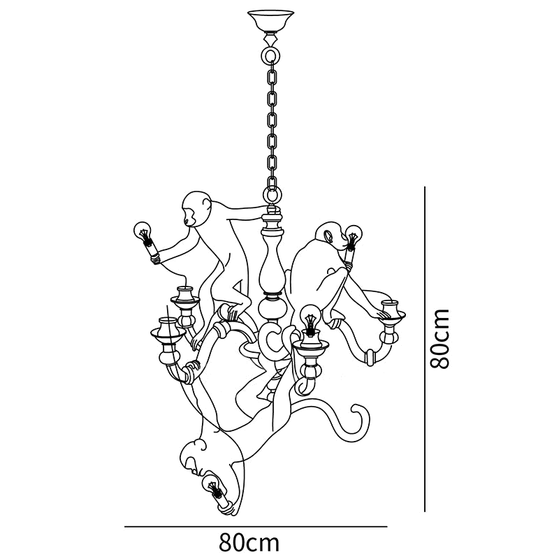 Dimension drawing of this Clérachic monkey chandelier, with its 80 cm height and 80 cm width marked.