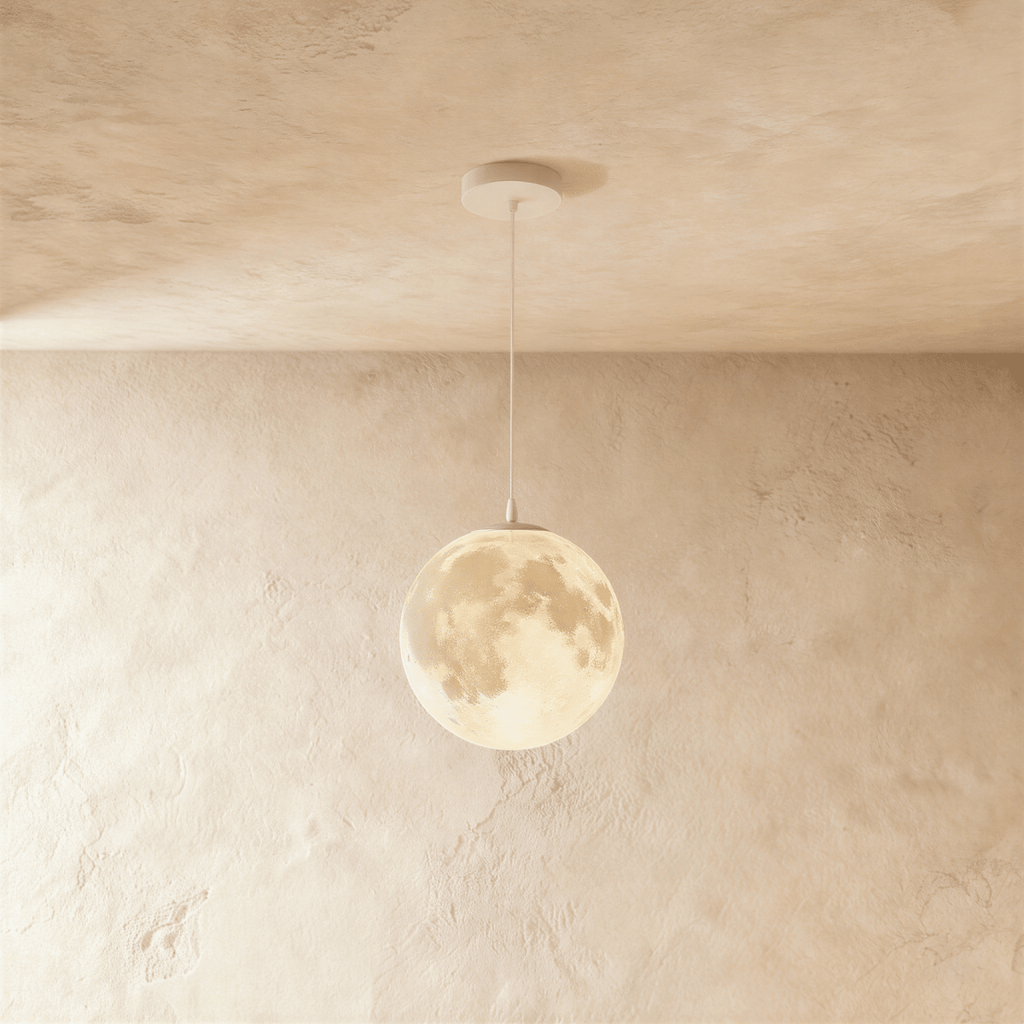 Clérachic 3D-printed full-moon pendant on a slim white cord, its crater-textured acrylic sphere glowing against a limewashed wall.
