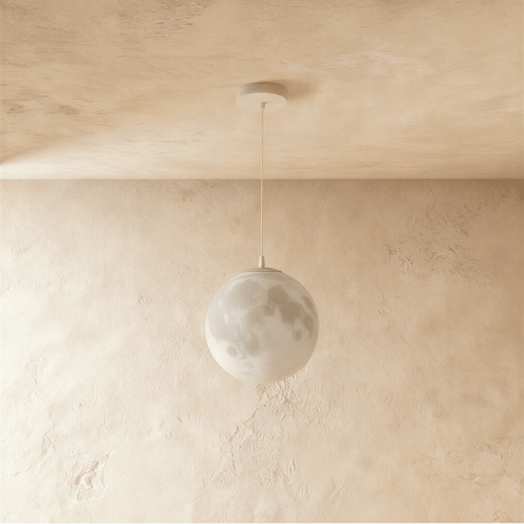 Clérachic full-moon pendant switched off, showing the pale crater-textured acrylic sphere and white cord and canopy.