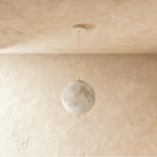 Clérachic full-moon pendant switched off, showing the pale crater-textured acrylic sphere and white cord and canopy.