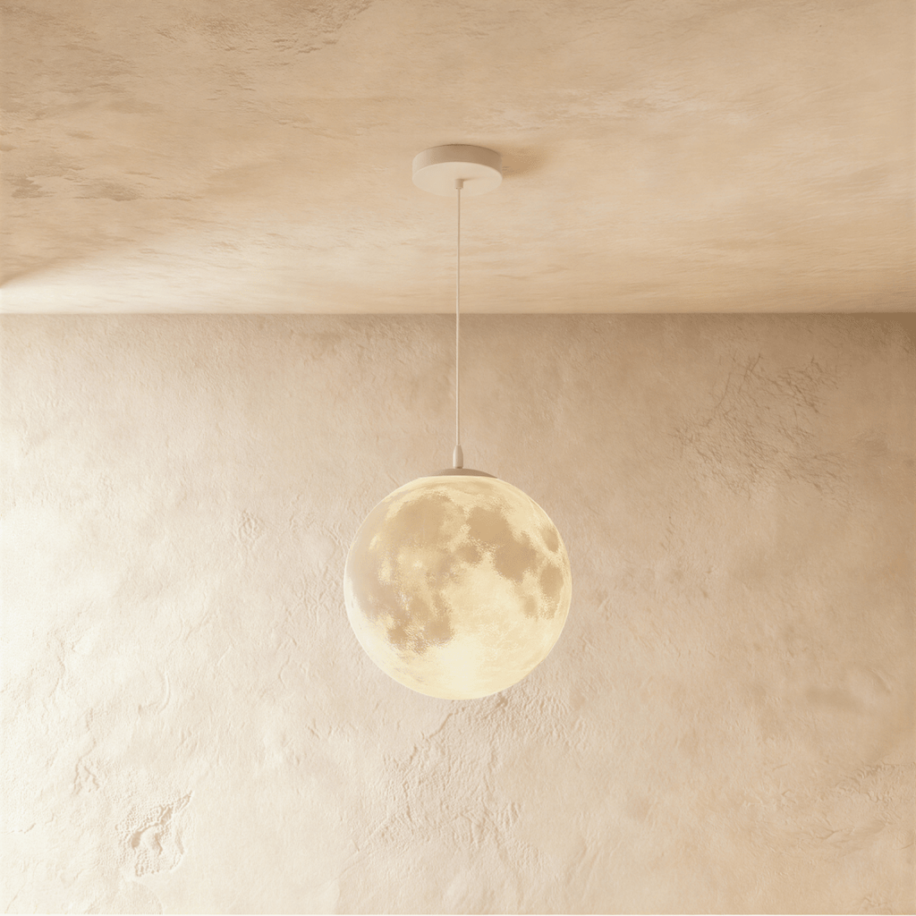 Clérachic moon pendant in a larger size, its crater-textured sphere glowing warm on a white cord from a round white canopy.
