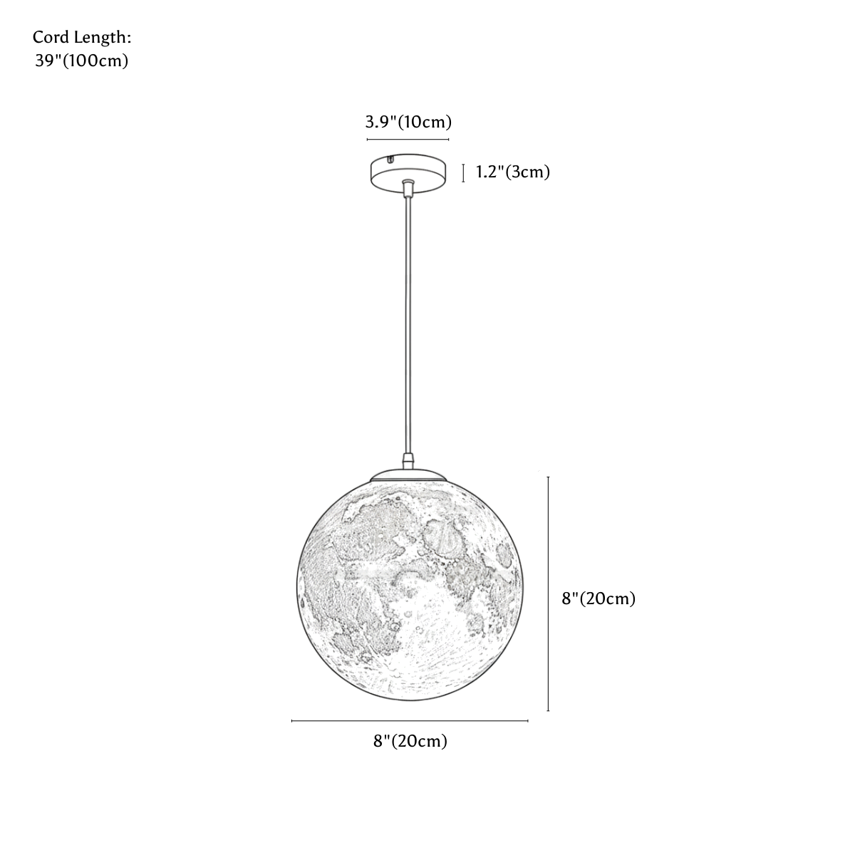 Clérachic pendant light dimension drawing, 20 cm, every measurement marked in centimetres and inches.