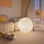Clérachic moon sphere lit in a cosy living room, with a cat on the carpet, a tufted sofa and a trolley of tulips behind.