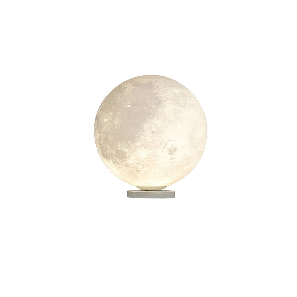 Small lit Clérachic moon lamp with a cool grey crater pattern on a thin round base, cut out on a white background.