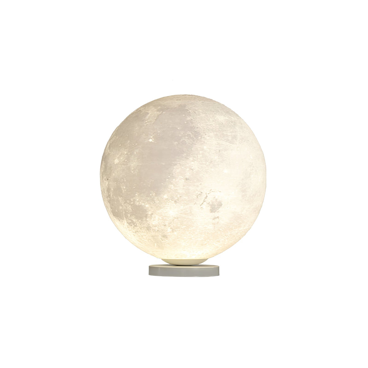 Larger lit Clérachic moon lamp with a mottled grey-and-cream surface and a slim round base, on a white backdrop.
