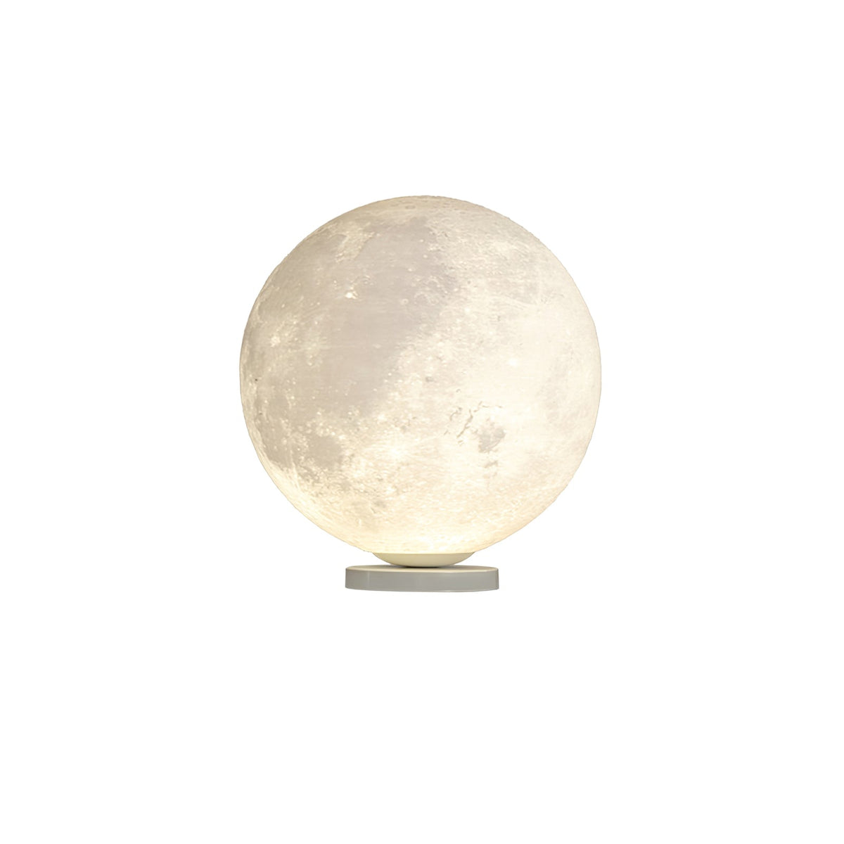 Clérachic moon table lamp glowing from within, with a crater-textured surface above a slim round base, on a white backdrop.