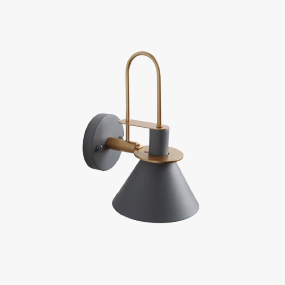 Studio view of the Clérachic Morandi horn-shade wall sconce in gray, showing the brass arch, tilting arm and round backplate.