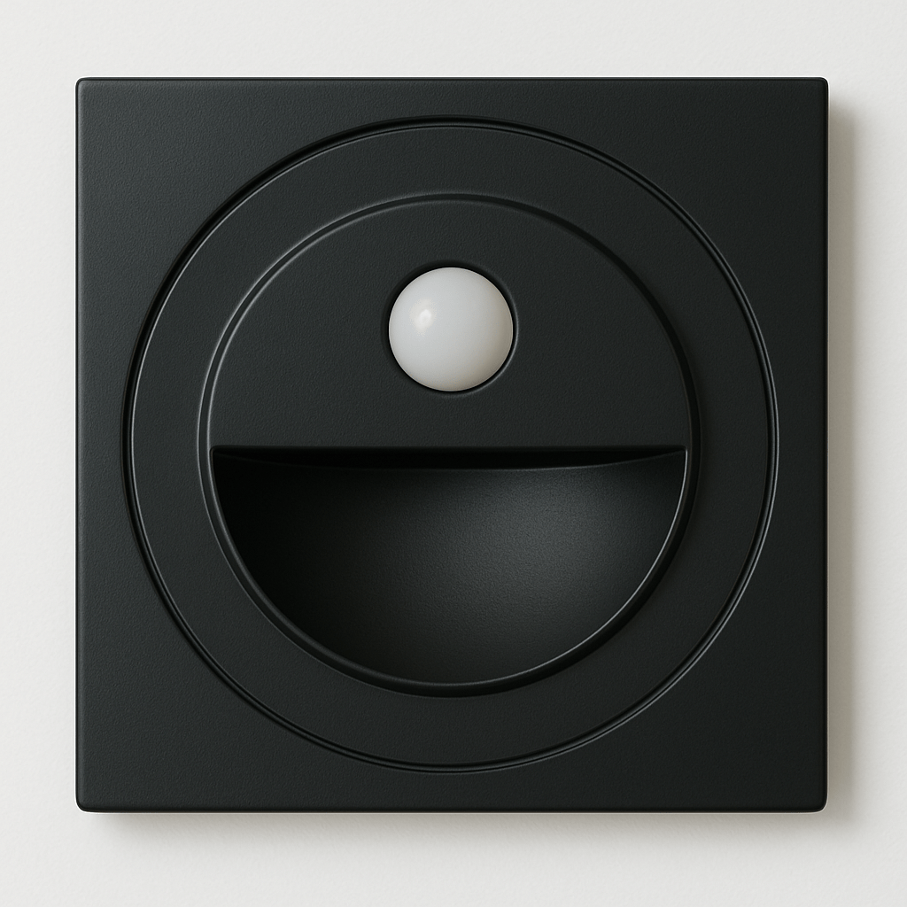 Clérachic square black stair wall light, 8.6 cm, with a round half-moon recess and a small round motion sensor.