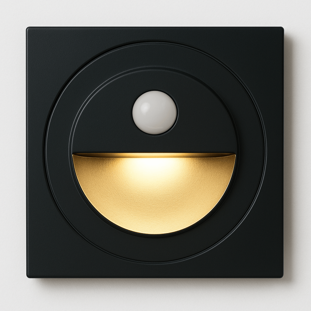Clérachic square black stair wall light switched on, its half-moon recess glowing warm gold below the sensor.