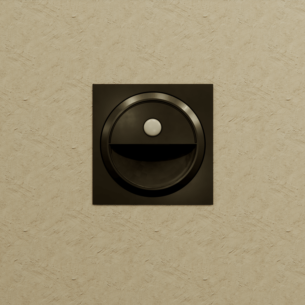 Clérachic black square stair light unlit on a textured sand-coloured wall, with its round sensor above the recess.