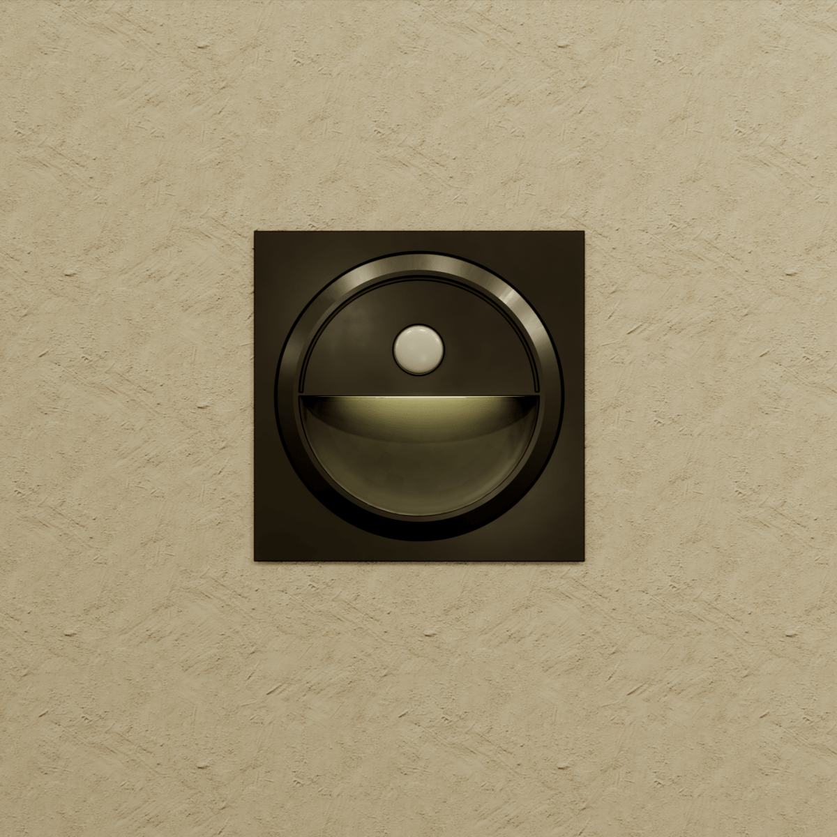 Clérachic black square stair light on a textured sand wall, giving off a faint glow from its half-moon recess.