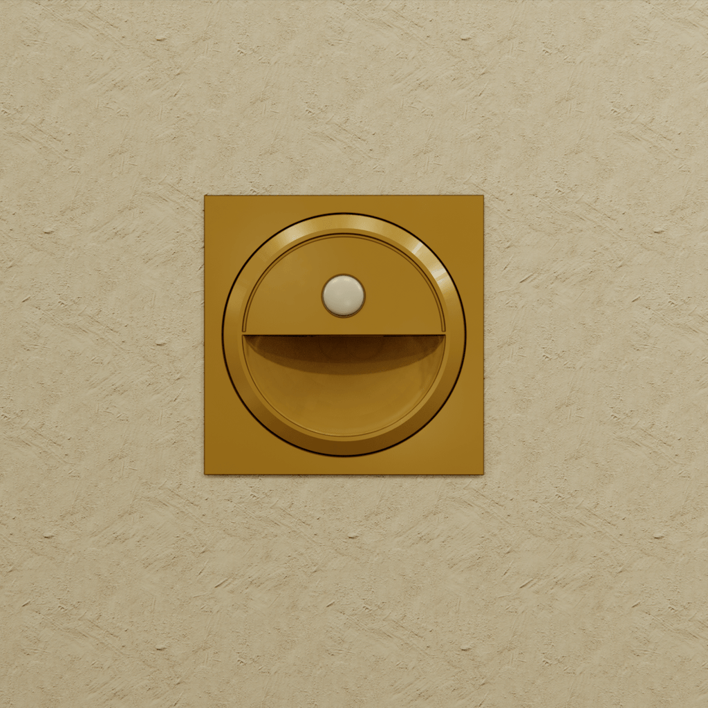 Clérachic gold square stair light on a textured sand wall, with a round sensor above its half-moon recess.