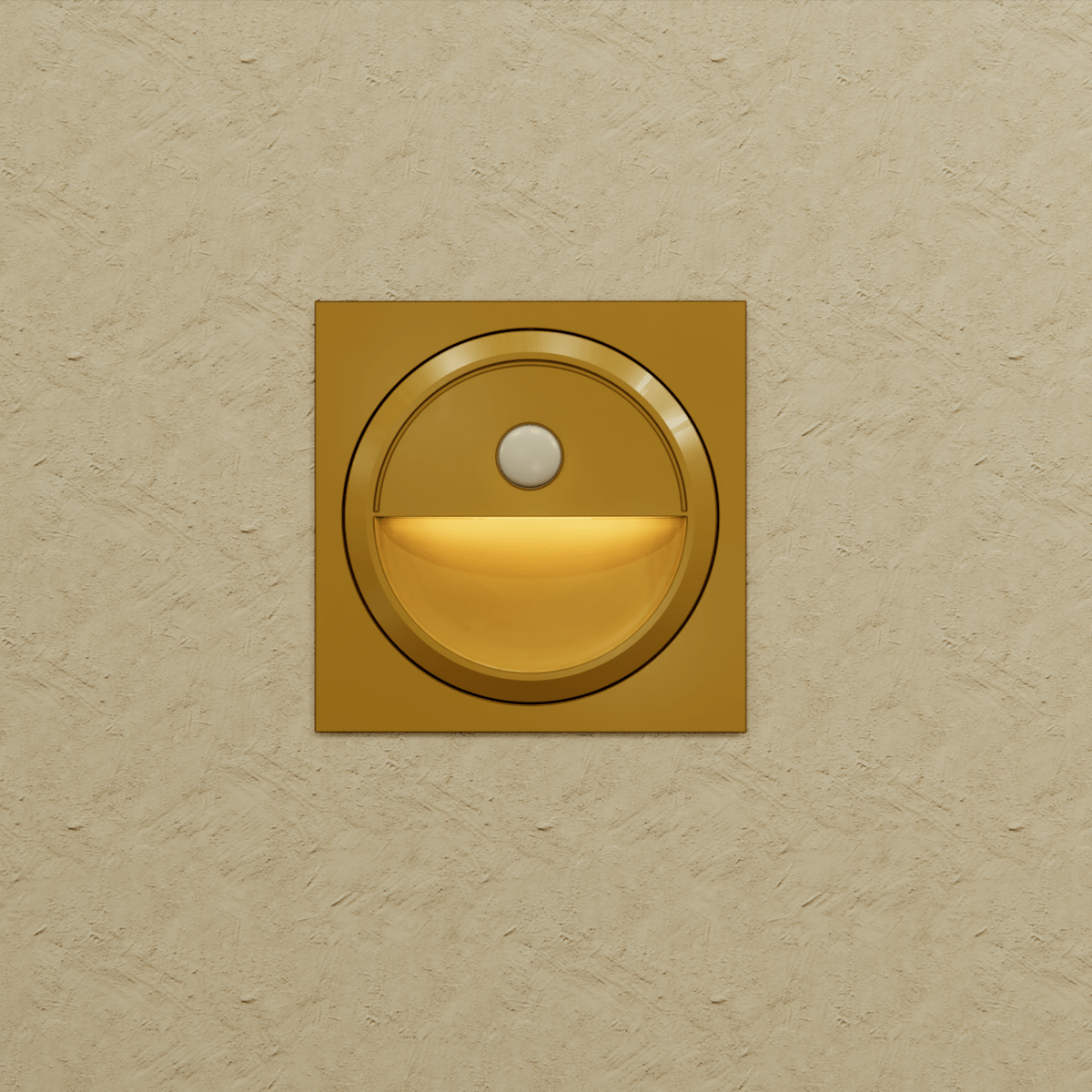 Clérachic gold square stair light on a textured sand wall, its half-moon recess lit in a warm amber glow.