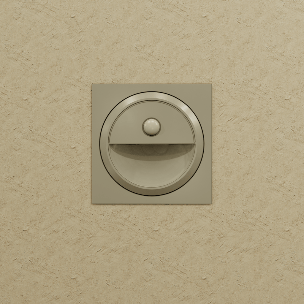 Clérachic silver square stair light on a textured sand wall, unlit, with a round sensor above its half-moon recess.