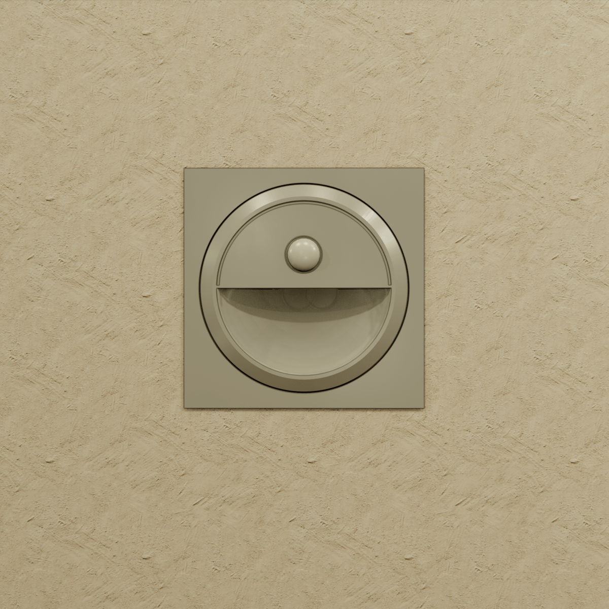 Clérachic silver square stair light on a textured sand wall, unlit, with a round sensor above its half-moon recess.