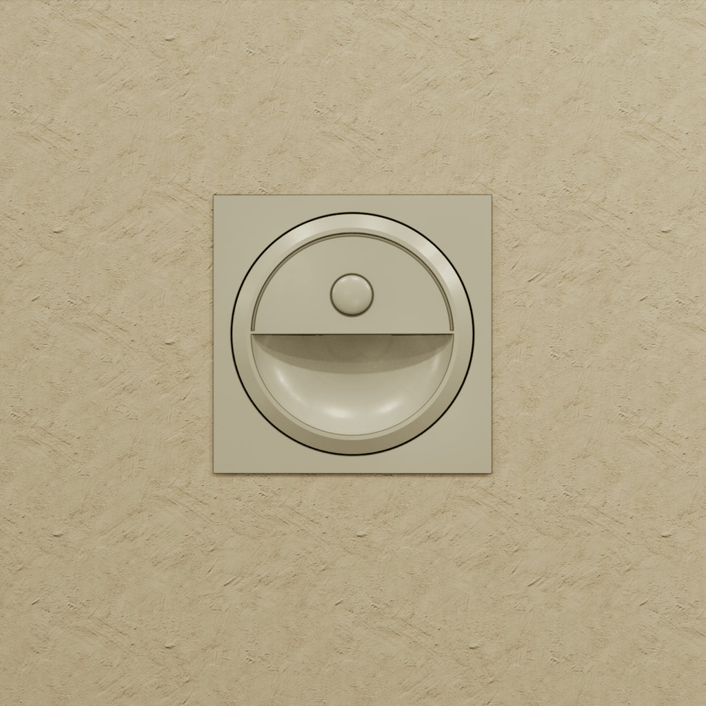 Clérachic pale square stair light on a textured sand wall, unlit, showing its round sensor and curved recess.