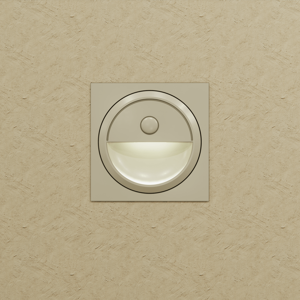 Clérachic pale square stair light on a textured sand wall, its half-moon recess glowing a soft white.