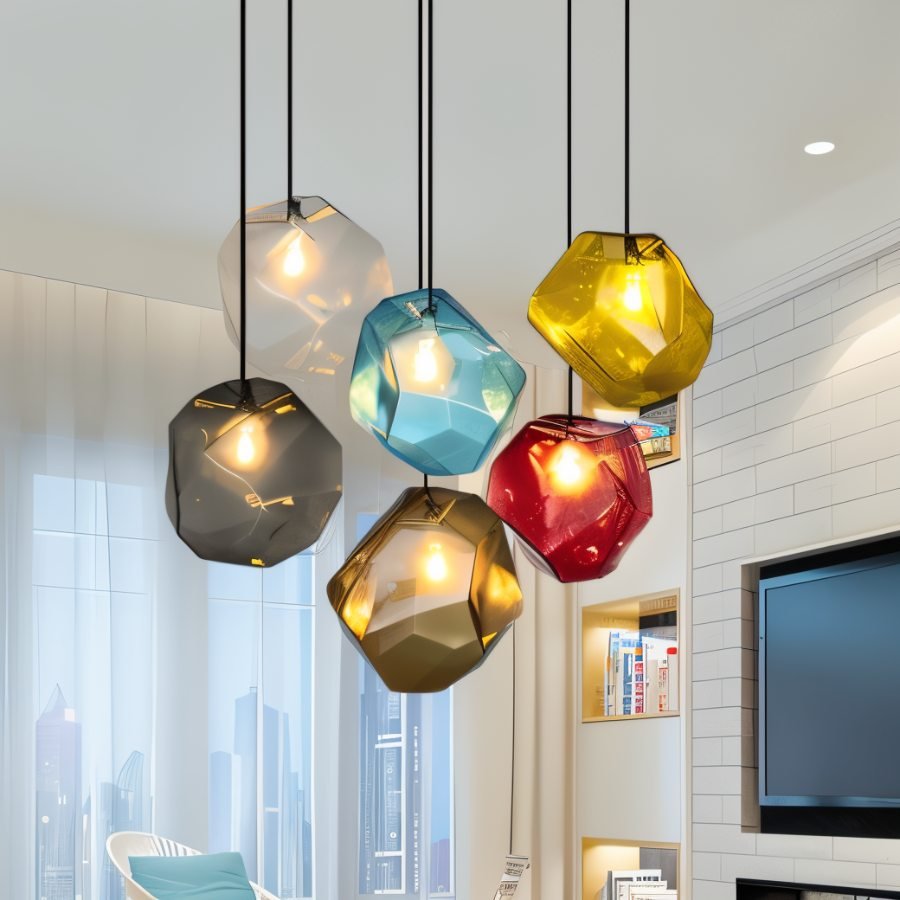 Six Clérachic faceted glass pendants in mixed colors cluster over a bright living room with a city skyline view.