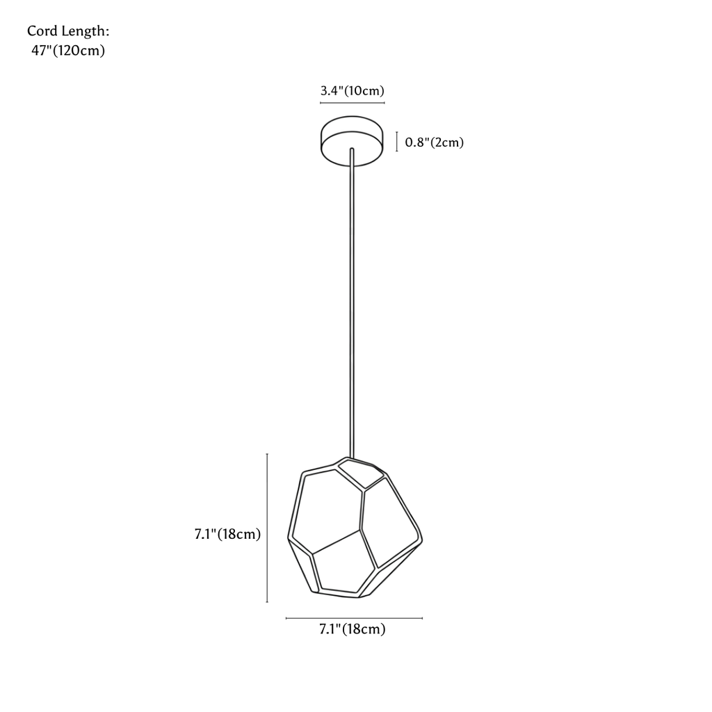Clérachic pendant light dimension drawing, 18 cm, every measurement marked in centimetres and inches.