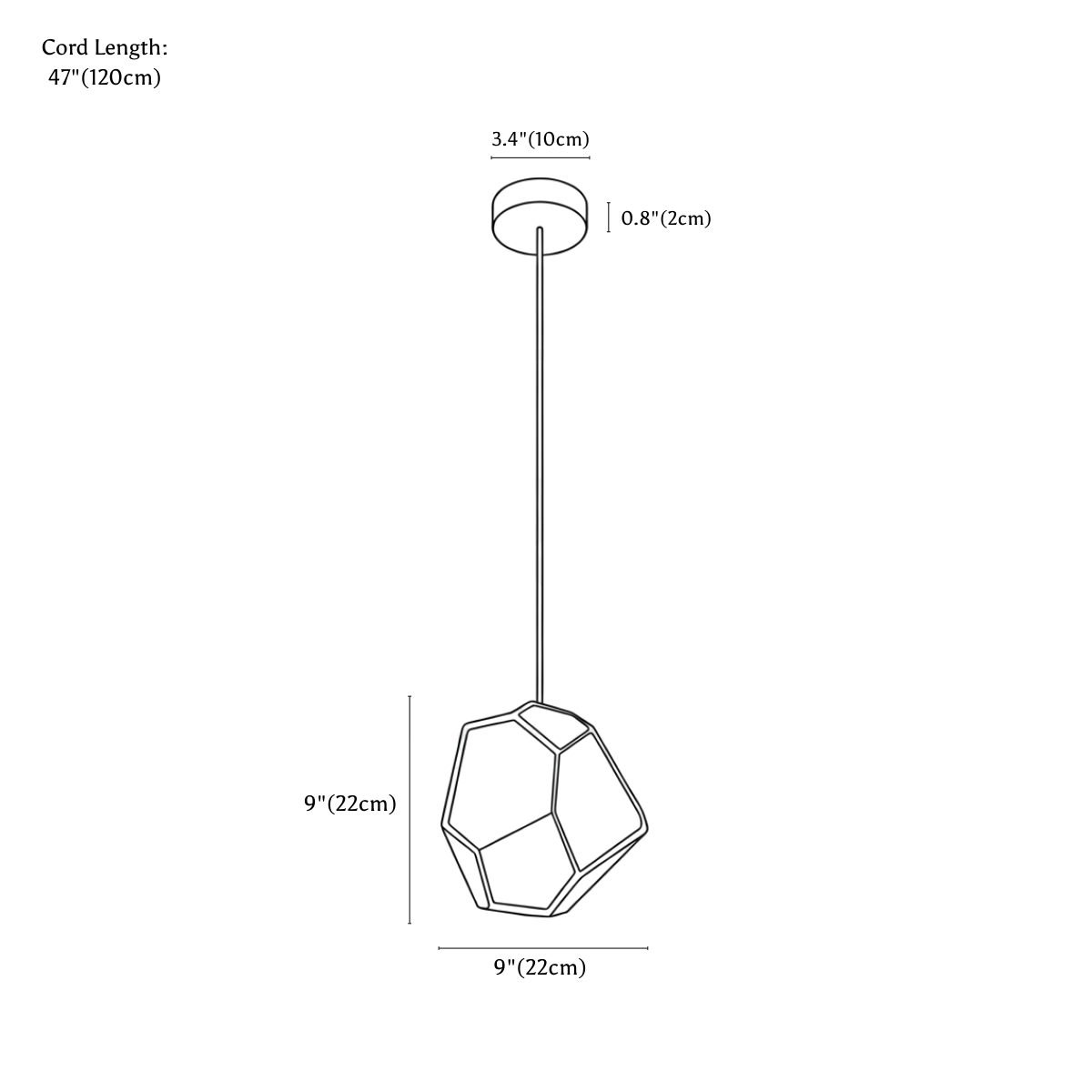 Clérachic pendant light dimension drawing, 22 cm, every measurement marked in centimetres and inches.