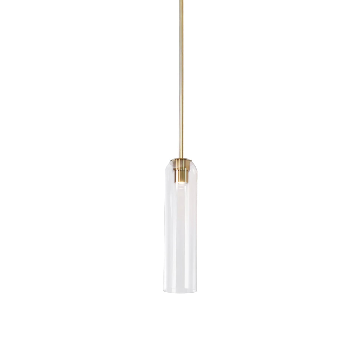 Clear glass tube shade of the Clérachic pendant light, lit on a brass rod, the filament visible through the glass.