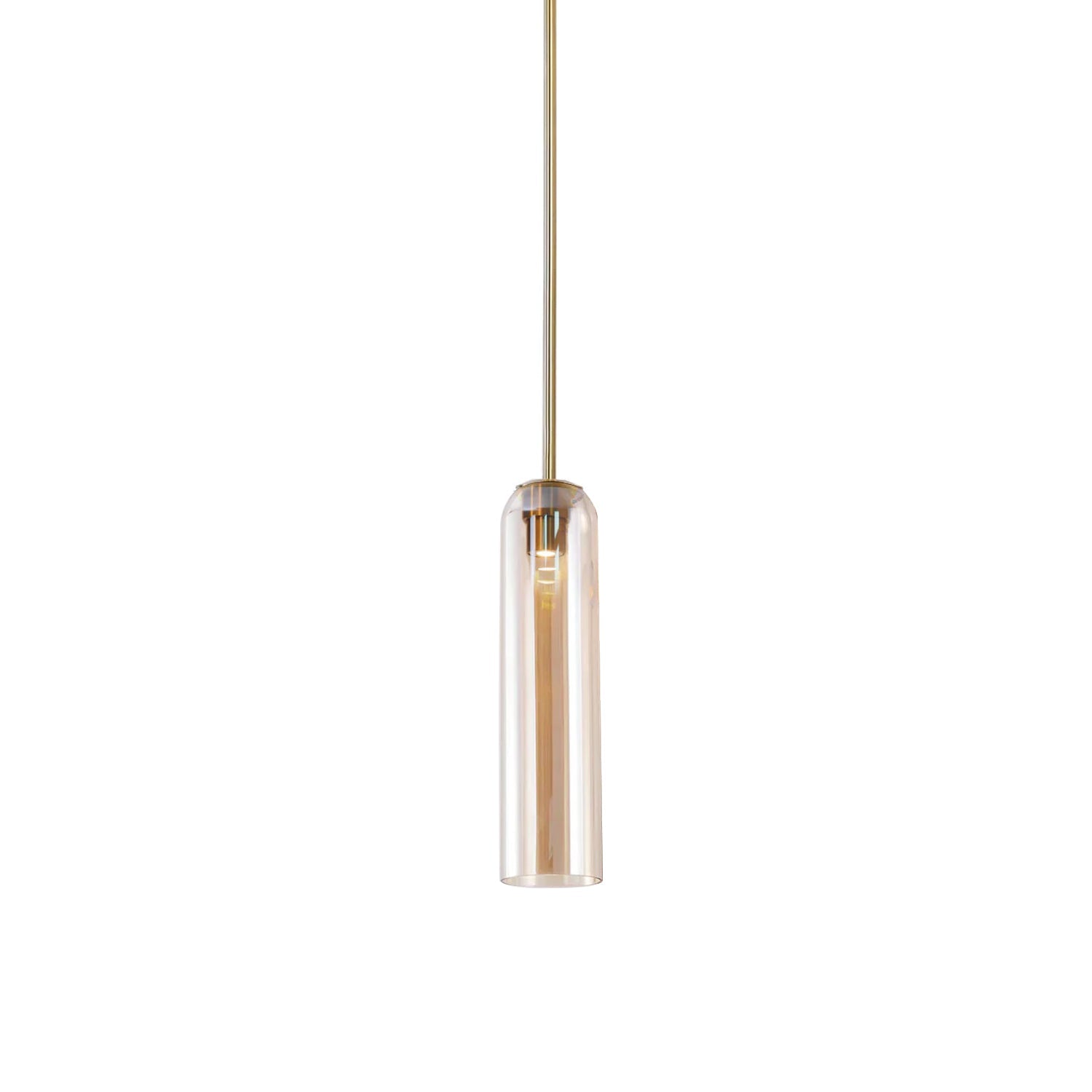 Amber glass version of the Clérachic tube pendant, lit on a brass rod, its honey tone deepening down the shade.