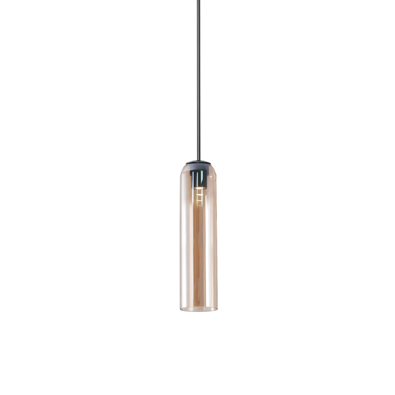 The amber Clérachic glass tube pendant lit on a black rod, warm light glowing through the tinted glass.