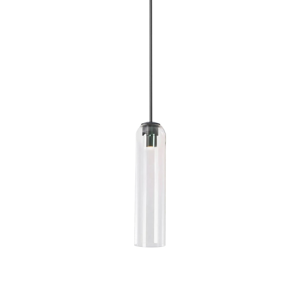 Clear glass tube shade of the Clérachic pendant lit on a black rod, the black bulb housing visible through the glass.