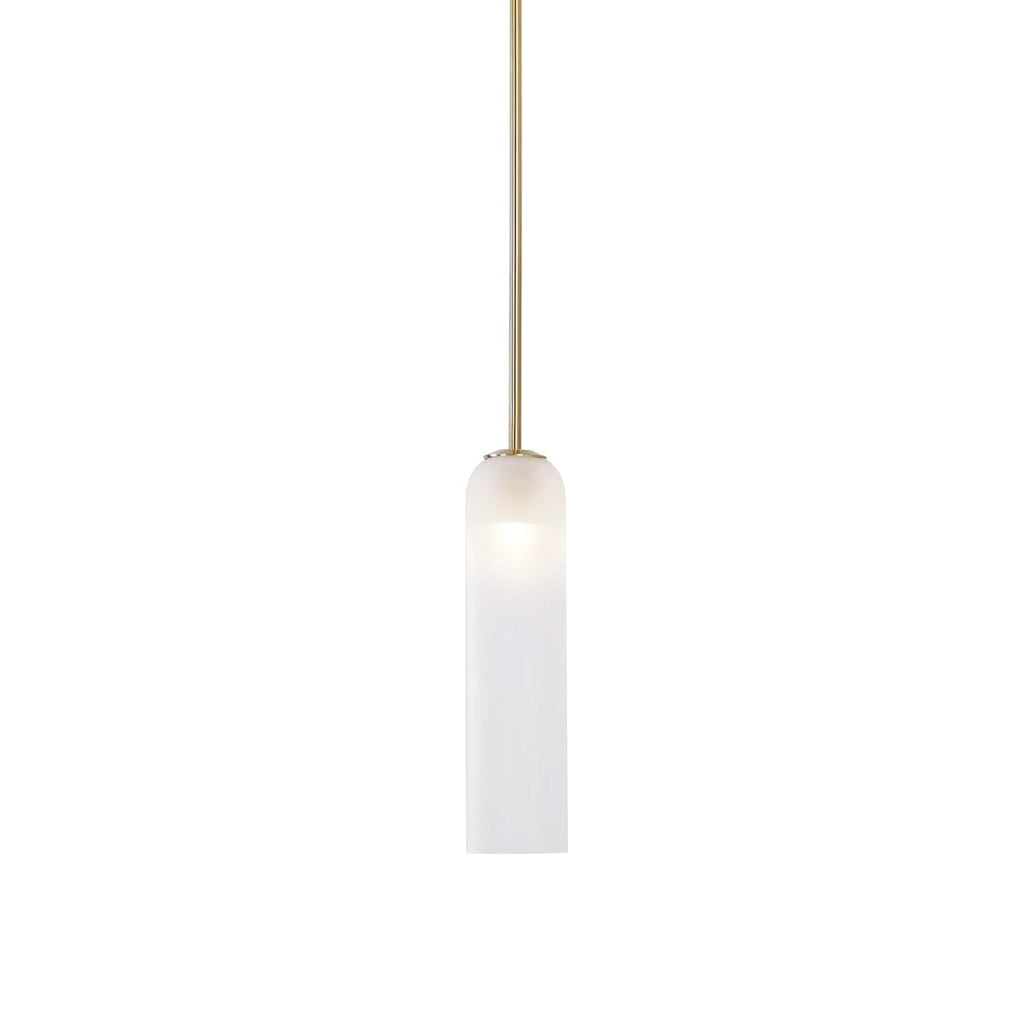 Frosted white glass on the Clérachic tube pendant, lit on a brass rod against a plain white studio background.