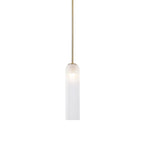 Frosted white glass on the Clérachic tube pendant, lit on a brass rod against a plain white studio background.